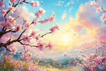 Radiant Springscape: Enchanting Tree Blooms Under Sunlight in a Serene Nature Scene