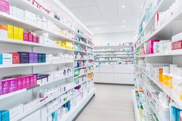 White pharmacy interior with shelves of medical products and colorful packaging, professional and inviting atmosphere.