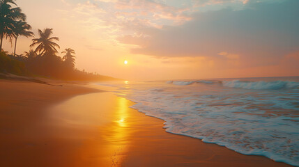 Fototapeta premium Serene Tropical Sunrise Over a Calm Beach with Palm Trees and Gentle Waves Reflecting Warm Sunlight