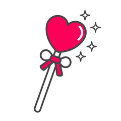 A glossy, translucent heart-shaped lollipop on a white stick, decorated with sugar crystals and wrapped in a delicate pink ribbon.