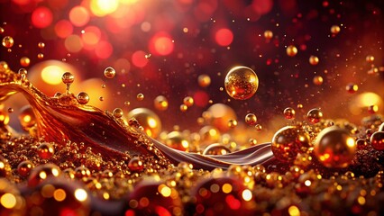 Obraz premium Abstract Gold Particles Floating in a Mysterious Red Liquid, Capturing the Allure of Golden Glitter Against a Dark Background for Stunning Product Photography