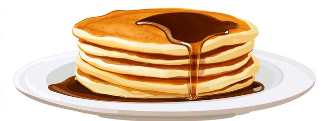 A stack of fluffy pancakes with a drizzle of maple syrup, isolated white background, pop art style