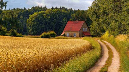 A peaceful countryside scene with a narrow dirt path winding between fields of golden wheat. In the background, an old farmhouse with a red roof is nestled among the trees.