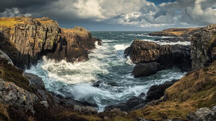 Dramatic ocean waves crashing against rugged coastal rocks under a cloudy sky.