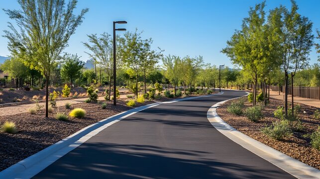 A bike path running parallel to an urban jogging trail in a community park
