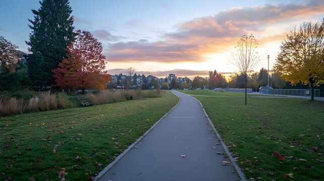 A bike path running parallel to an urban jogging trail in a community park
