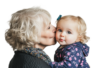 Grandmother kisses grandchild in joyful moment, cut out - stock png.