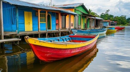 Obraz premium Wooden boats docked near small, colorful houses by the water.