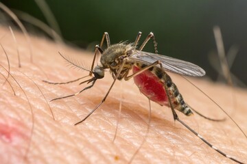 Mosquito biting human close-up macro photo