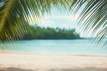 Naklejka premium Tropical beach background with palm leaves, sandy shore, and blurred island in the distance.