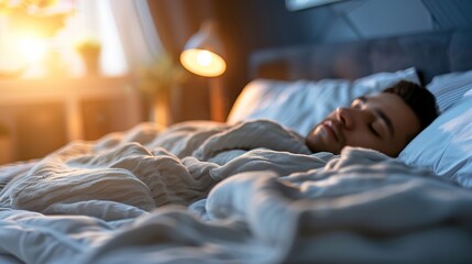 Person lying in bed with half-closed eyes, surrounded by dim light and shadows, symbolizing irregular sleep patterns and lack of restful sleep.