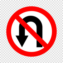 u turn left prohibited road sign, no left u turn allowed, move direction forbidden, red crossed circle vector pictogram