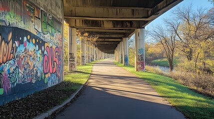 A well-lit bike path running under an urban overpass decorated with vibrant graffiti