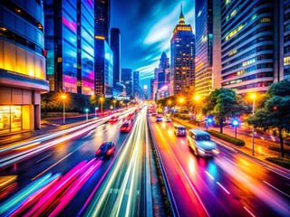 Fototapeta premium Abstract Photography of Urban Night Lights with Motion Blur, Capturing the Dynamic Energy of City Life and Vibrant Colors in a Modern Setting