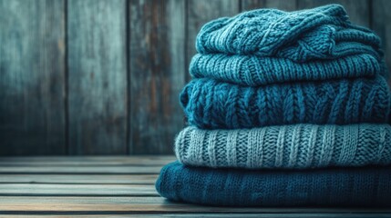 Cozy Pile of Knitted Winter Apparel on Rustic Wooden Surface, Sweaters Ready for the Cold Season, Space for Personal Touch