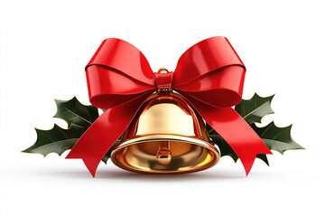 A golden bell and red bow isolated on white background