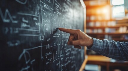 Hand pointing at complex equations and diagrams on a blackboard.
