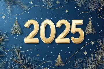 A festive New Year's graphic featuring the years '2025' in elegant, flowing numbers adorned with gold ribbons and ornaments. Include festive greenery and gold accents.
