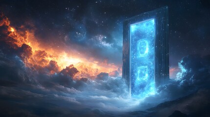 Fototapeta premium Mysterious glowing portal above the clouds in a fantasy world.
