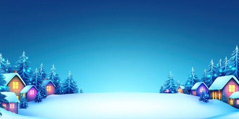 Winter wonderland setting showcasing festive houses surrounded by snow-covered trees and a bright sky during the New Year celebration