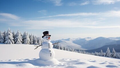 illustration of a snowy landscape at day mountain background with a smiling snowman