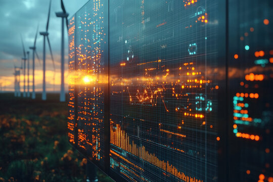 Digital interface with wind turbines at sunset in renewable energy field