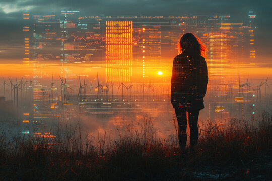 Silhouette of woman against digital cityscape at sunset