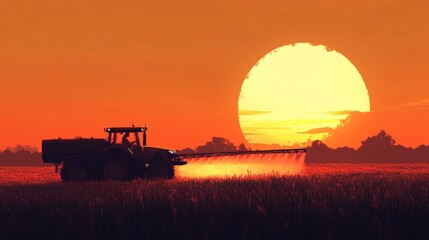 Fototapeta premium Tractor in Action: Spraying Pesticides on a Sunset-Kissed Plantation Field