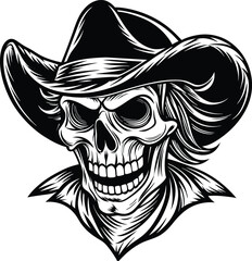 vector art features a detailed skull wearing a cowboy hat