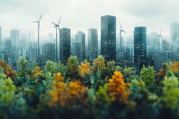 Modern cityscape with wind turbines and vibrant autumn trees