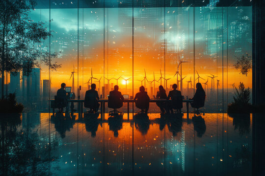 Sunset business meeting with view of wind turbines and cityscape - Powered by Adobe