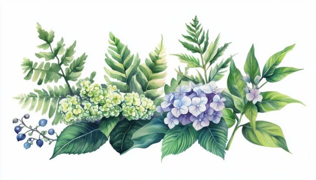 watercolor floral arrangement, green leaves, purple flowers clip art preview