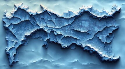 Abstract 3D map design, textured surface, blue tones.