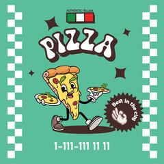 Pizza delivery poster design template. Trendy retro groovy mascot Pizza character. Best for restaurant flyers and brochures. Vector illustration.
