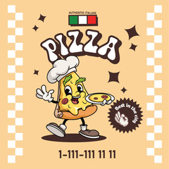 Pizza delivery poster design template. Trendy retro groovy mascot Pizza character. Best for restaurant flyers and brochures. Vector illustration.