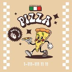 Pizza delivery poster design template. Trendy retro groovy mascot Pizza character. Best for restaurant flyers and brochures. Vector illustration.