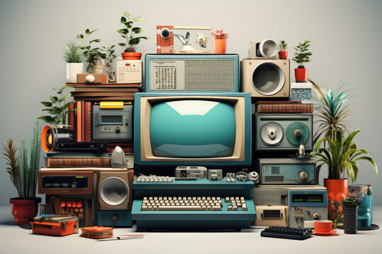 generated illustration of vintage electronics, including televisions, radios, and audio equipment