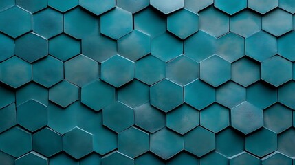 Fototapeta premium Cyan hexagons with subtle shading to create depth on a monochromatic backdrop. 