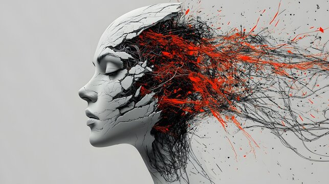 Cracked female profile with exploding red abstract lines illustrating chaos and creative thought process