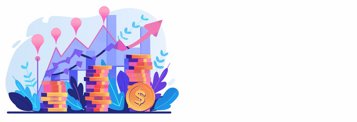 Fototapeta premium Stacks of coins of different heights, side view, financial concept and financial investment, growth of stocks and business. Dollar sign. Arrows, upward graphs, profit growth graph. Profit illustration