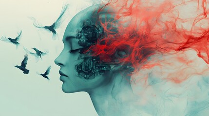 Fototapeta premium Ethereal female profile with red neural thread interwoven with birds in flight
