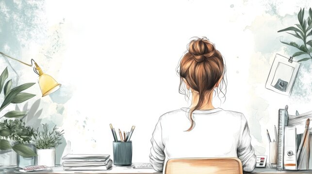 watercolor drawing. background with picture of person. colorful picture. the girl is sitting at her desk and writing something.