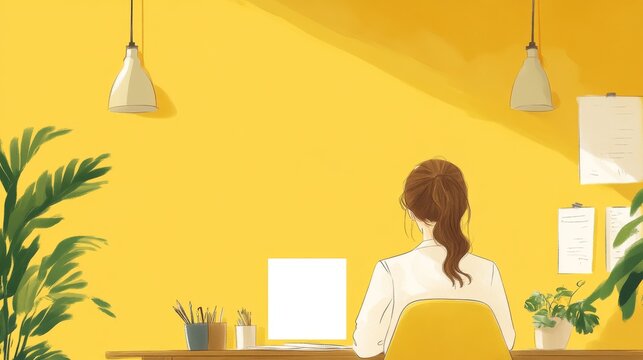 watercolor drawing. background with picture of person. colorful picture. the girl is sitting at her desk and writing something.