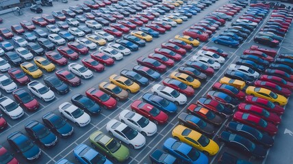 Fototapeta premium Aerial view of a vibrant parking lot with colorful cars lined up in neat rows, creating a visually striking pattern