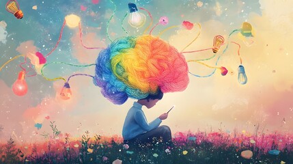 Child sitting with a vibrant colorful yarn brain and connected bulb wires symbolizing creativity and imagination