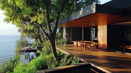 odern Scandinavian townhouses with natural wooden cladding and sleek black facades, embodying minimalist design and harmonious integration of nature and architecture.