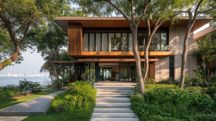 Obraz premium odern Scandinavian townhouses with natural wooden cladding and sleek black facades, embodying minimalist design and harmonious integration of nature and architecture.