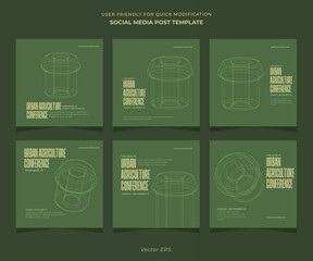 Premium set Editable Social Media Urban Agriculture Post Template for Architecture Conferences 3d grid Wireframe wave network Dark green army