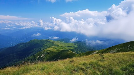 Naklejka premium Mountainous Landscape with Fluffy Clouds