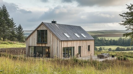Modern wooden house on a hilltop overlooking a valley.